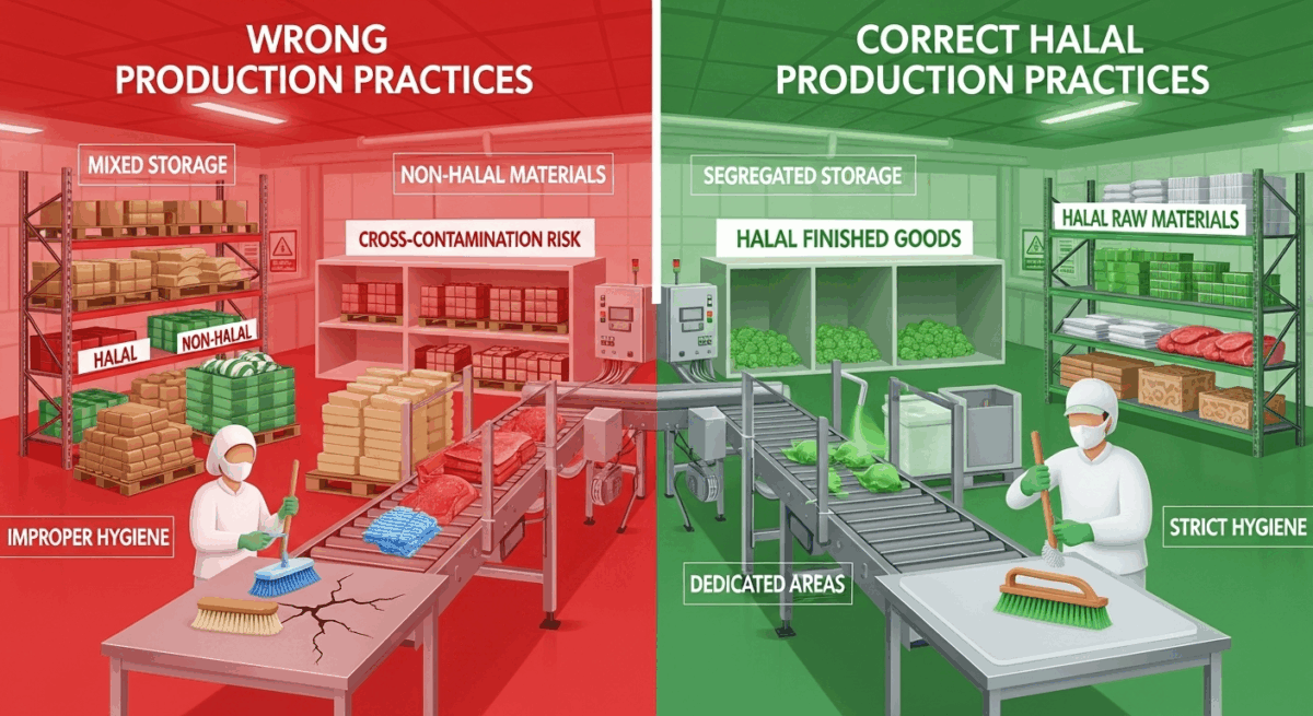 Infographic comparing incorrect and correct halal production practices with red and green split-screen visuals.