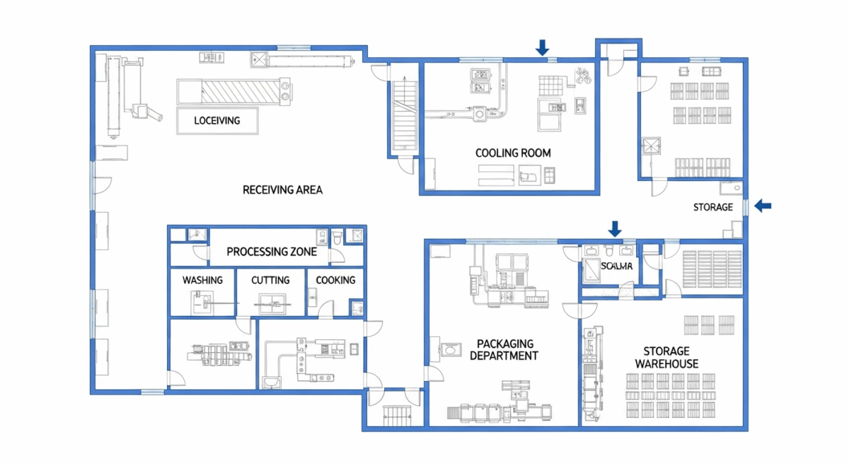 Food production line setup floor plan showing optimal equipment layout and workflow zones