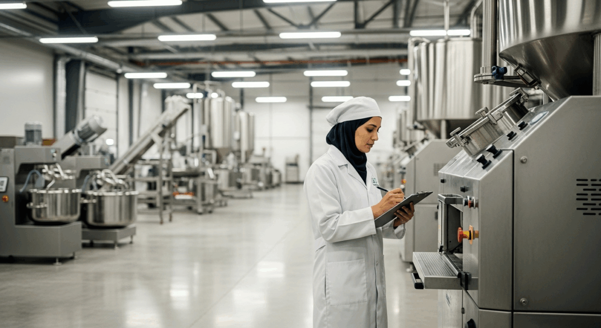 Halal inspector examining stainless steel food production equipment in a modern factory setting.