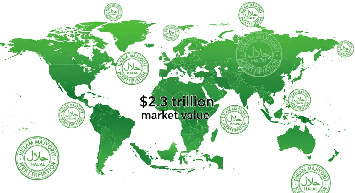 Global halal market map highlighting Muslim-majority regions with certification icons and $2.3 trillion market value.