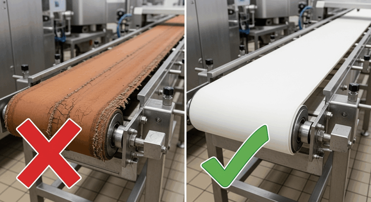 Comparison of non-halal and halal food production equipment showing leather vs. polyurethane conveyor belts with clear compliance indicators.