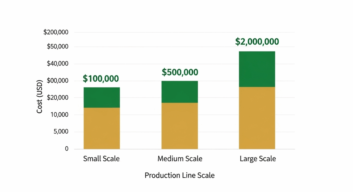 Bar chart showing cost comparison for small, medium, and large halal production line setups with green and gold corporate design.