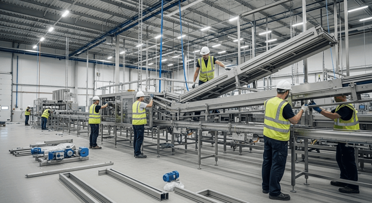 Turnkey food production line setup installation progress showing equipment integration