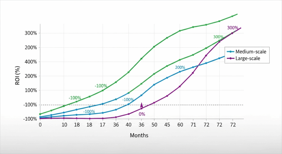 Return on investment timeline graph for different food production line scales