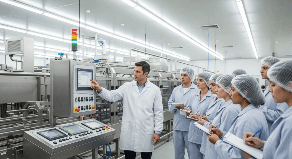 Staff training session during turnkey food production line setup commissioning phase